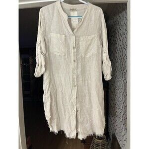 Puro Lino Italy 100% Linen Button Down Raw Hem Roll Tab Sleeves Dress Sz L - NWT